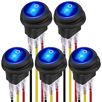 DaierTek 12V Waterproof Round Rocker Switch Blue LED Lighted [UL Listed] ON Off 3 Pin 12 Volt 20A Weatherproof Illuminated Toggle for Marine Car RV Truck -5Pack