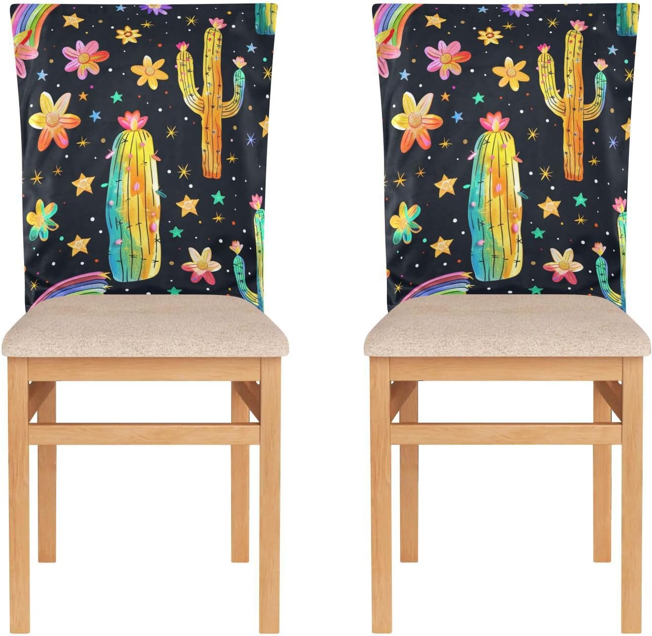 ALAZA Cactus Flowers Stars Rainbow Chair Back Cover Set of 6, Washable Reusable Removable Chair Slipcovers Decorative Chair Cover for Home Kitchen Wedding Party
