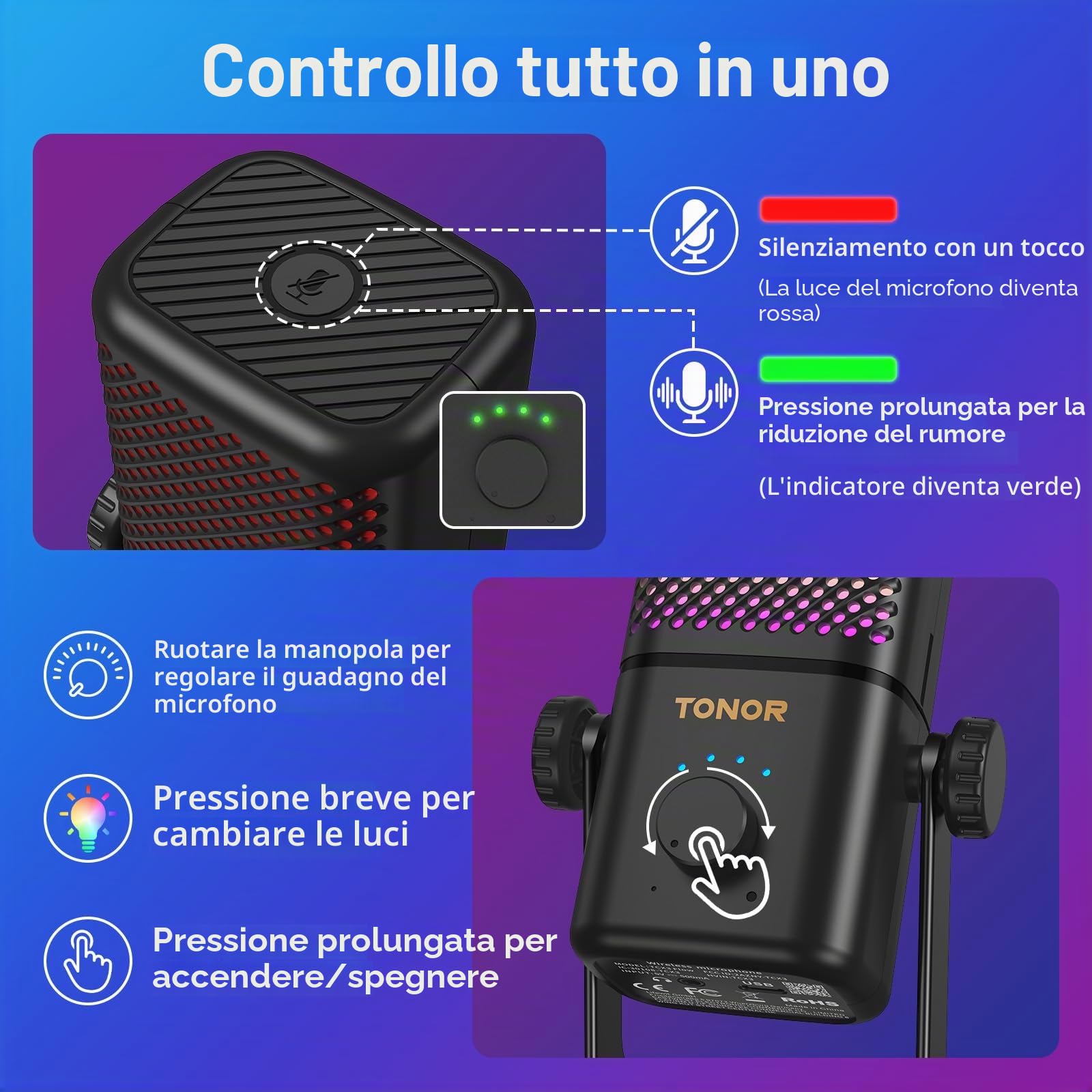 TONOR Microfono Wireless Gaming, Compatibile con Xbox & Schede Capture, Microfono Senza Fili a Condensatore RGB, Monitoraggio,Disattivazione,Volume Regolabile,Durata Della Batteria 15 Ore, TCX3 Flow