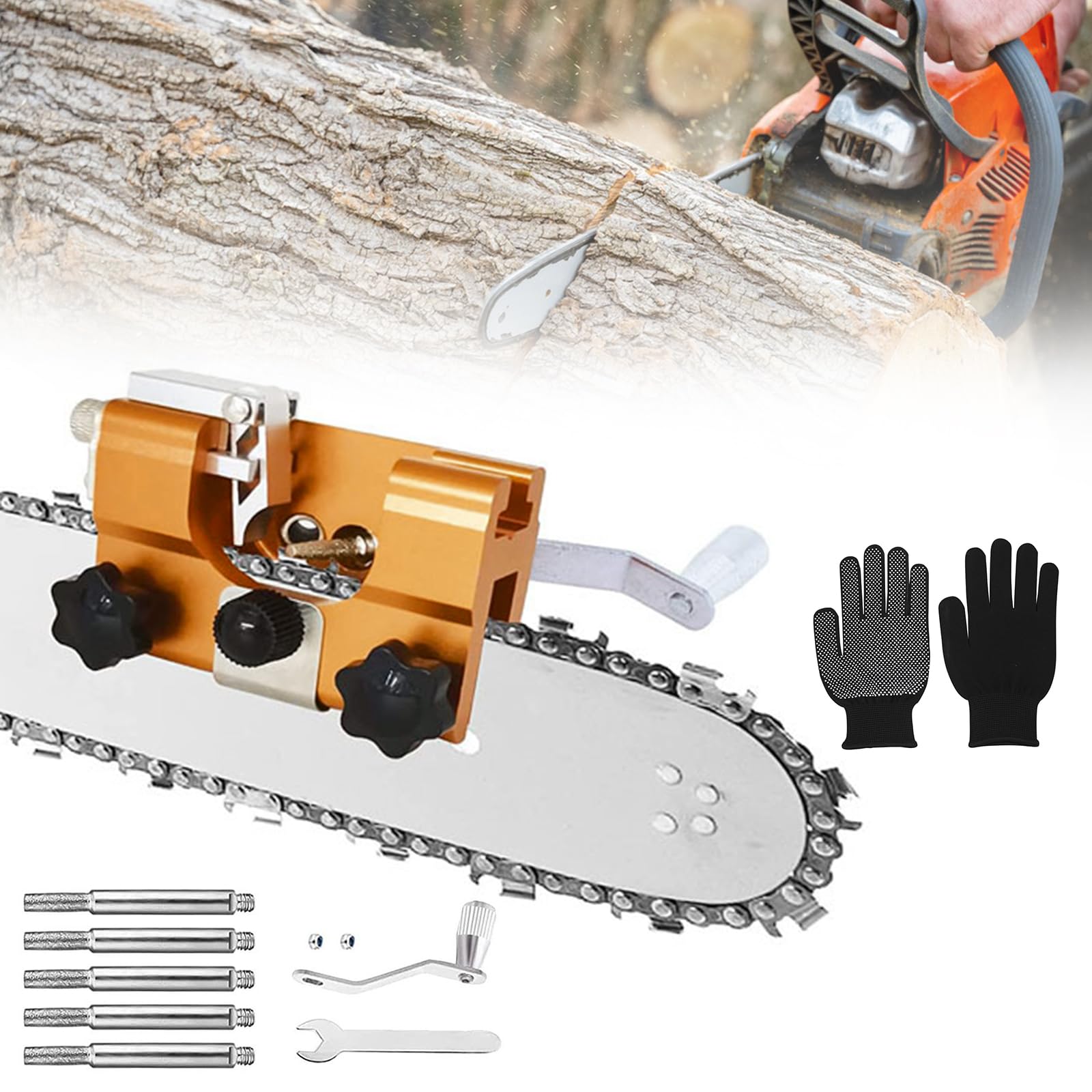 Kettensäge Schärfgerät, Kettenschärfgerät, Kettenschärfer mit 5 Schleifköpfen, Tragbar Kettenschärfgerät Handkurbeln, Tragbar Handkurbeln Kettensägenschärfer Kit für Kettensäge Schärfen Alle Arten