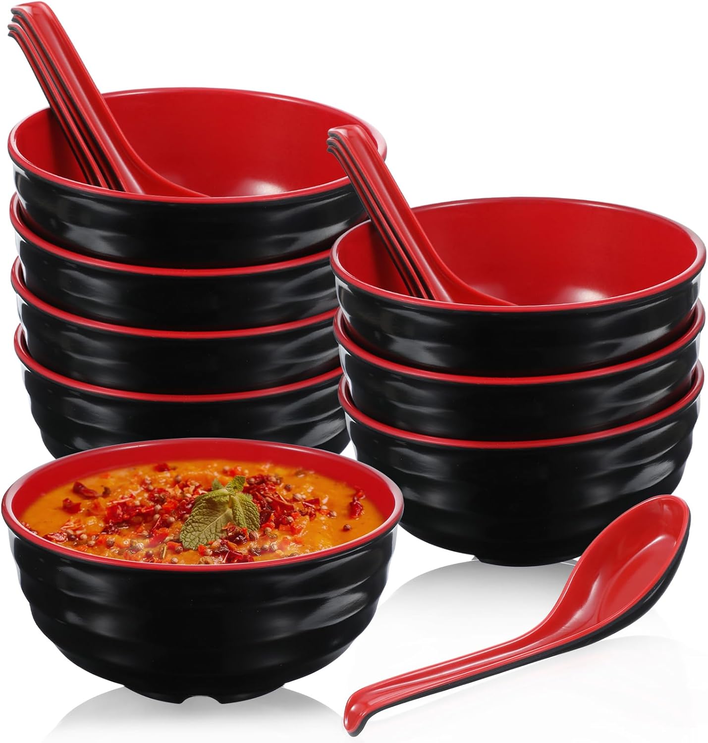 8 Pack Melamine Noodle Soup Bowls, 32OZ Large Japanese Ramen Bowl Set with Spoon, Unbreakable Miso Soup Cereal Bowls for Ramen, Udon, Soba, Pho and Soup