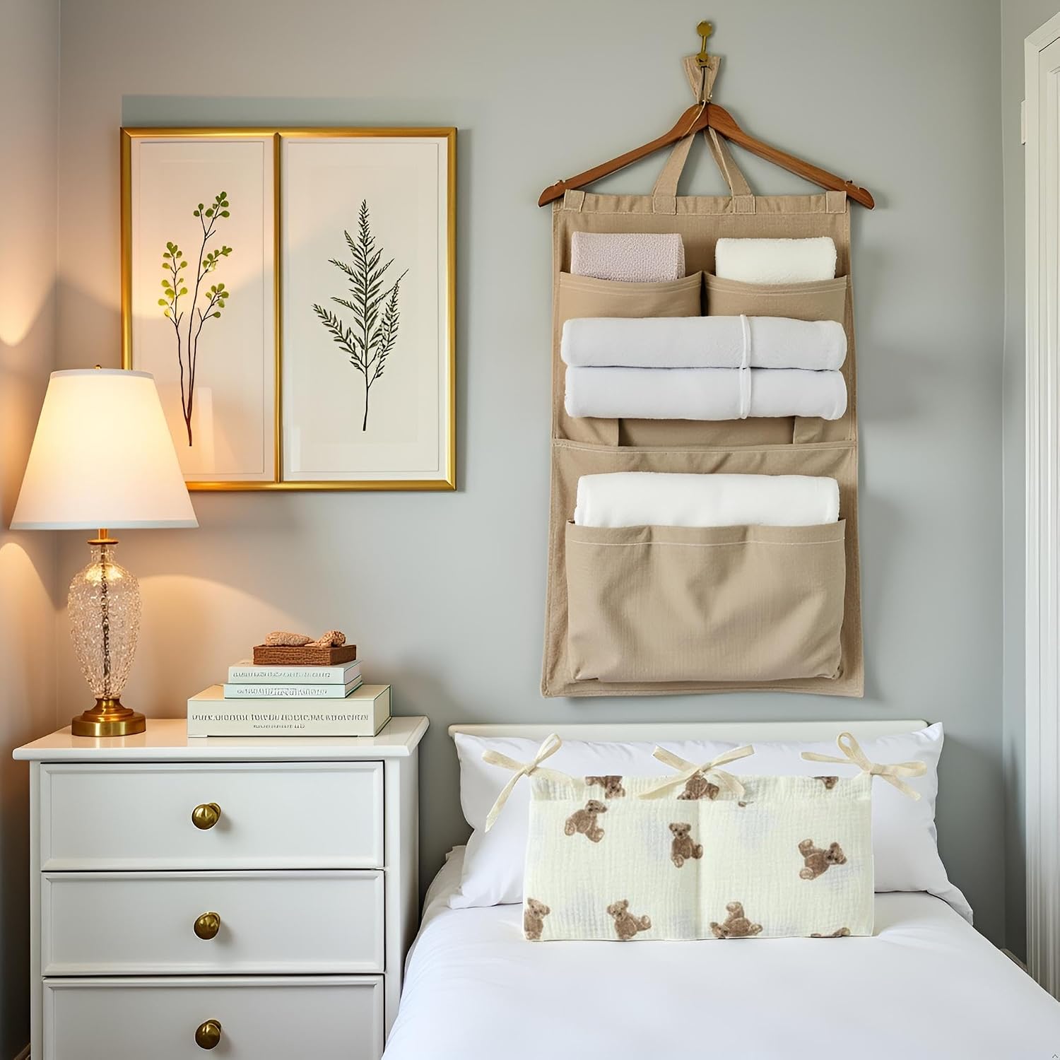 White Bedside Hanging Bags Milk Bottle Bib-Storage Crib Organizer Baby Nappy-Dormitory Bed-Bunk Organizing Bag Nappy- Organizer, Little Bear Nursery Hanging Organizers
