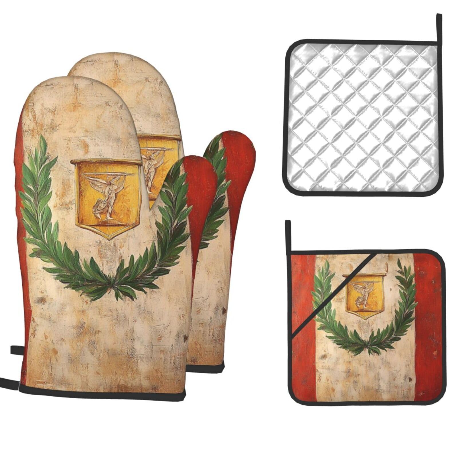 Oven Mitts and Pot Holders Set of 4 Heat Resistant Non-Slip Kitchen Gloves Hot Pads Roman Italian Flag Non-Slip Potholders for Cooking Baking Grilling BBQ