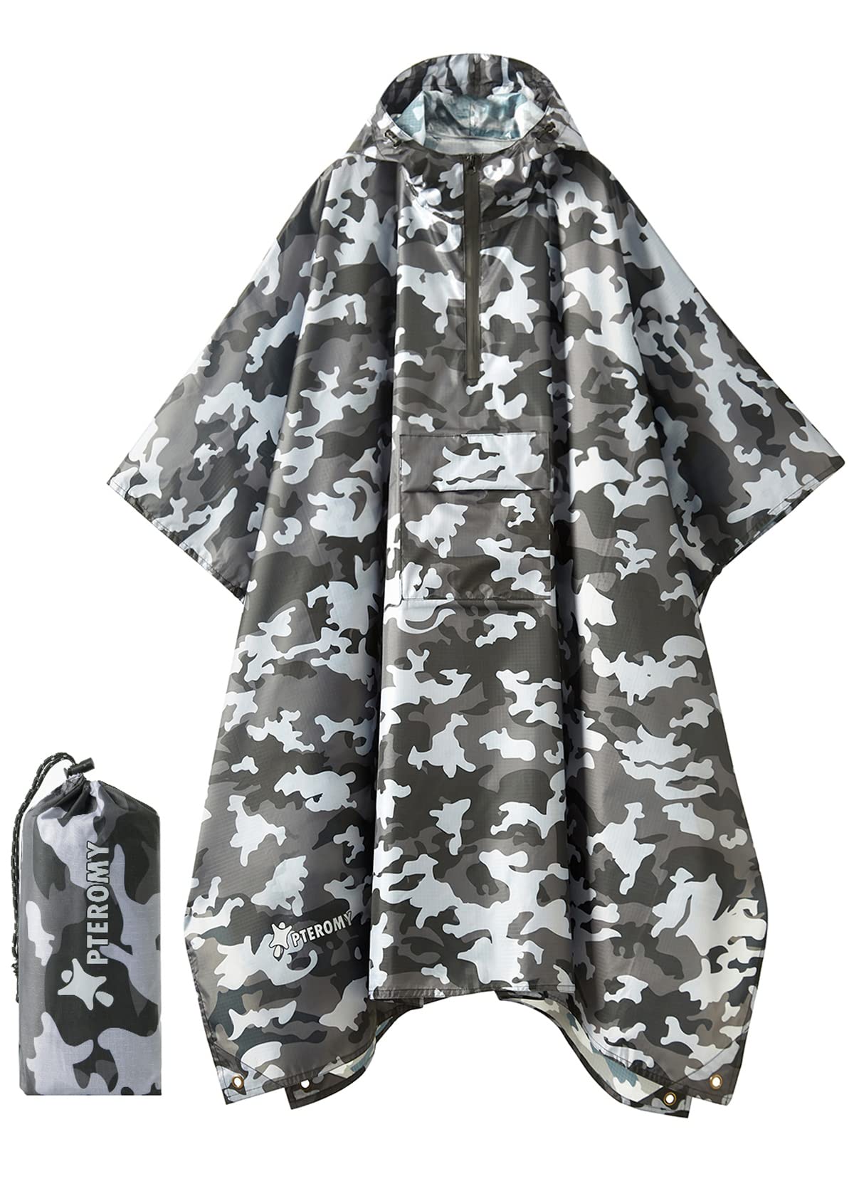 PTEROMY Hooded Rain Poncho for Adult with Pocket, Waterproof Lightweight Unisex Raincoat for Hiking Camping Emergency