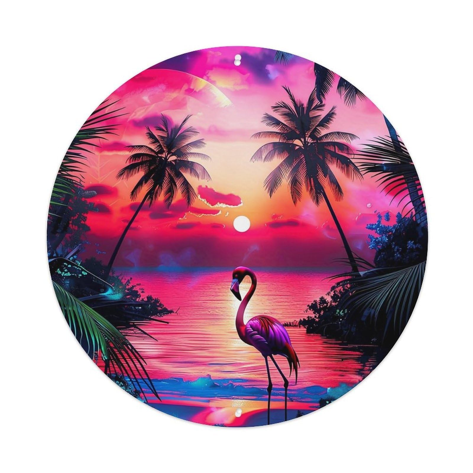 Tropical Sunset Flamingo Palm Trees Vintage Round Tin Sign Retro Metal Wall Decor Metal Poster, Home Bar Garage Cafe Wall Art Decoration 8x8Inches