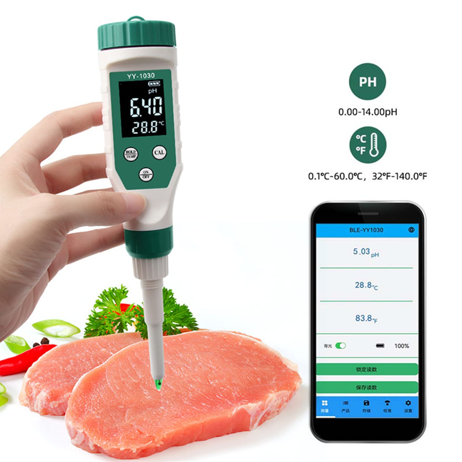 Intelligentes Bluetooth-PH-Messgerät, digitaler PH-Tester, Teig-Alkali-Tester, Bodenmatrix-Säuremessgerät für Babynahrungsergänzungsmittel, Käse, Kosmetik