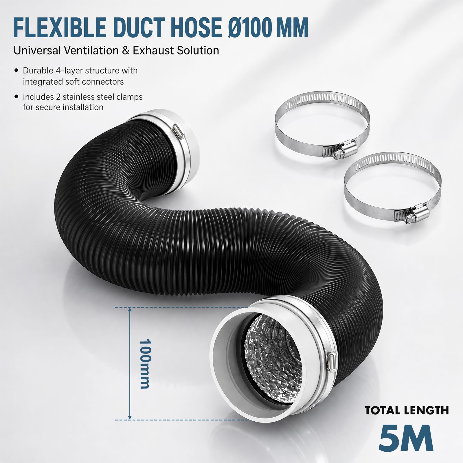 Tubo di scarico Ø 100 mm, tubo flessibile in alluminio con fascette