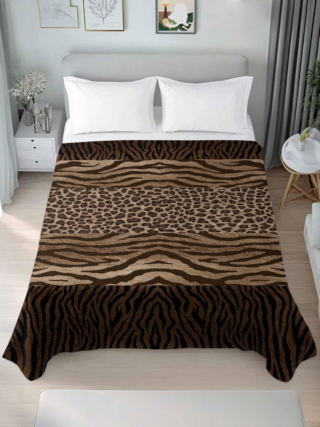 Full Flat Sheet, Leopard Zebra Print Full Bed Sheets Only, Soft Microfiber Flat Sheet, Vintage Animal Skin Striped Brown Hotel Quality Bedding Top Sheet Bedroom Home Dorm Decor