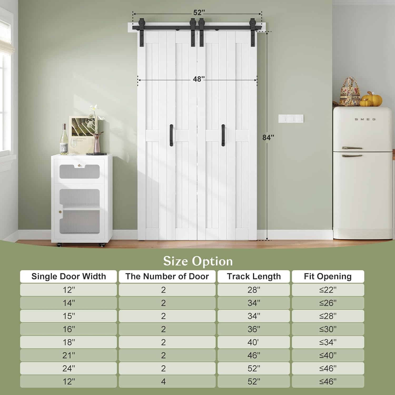 Finosen Bifold Barn Door 48 x 84 in (Four 12 inch Doors)，Bi-fold Closet Door with Hardware Track kit Included, 4.3ft Rail for 4 Doors, MDF Wood Panel,PVC Surface, Save Space,DIY Assembly, White