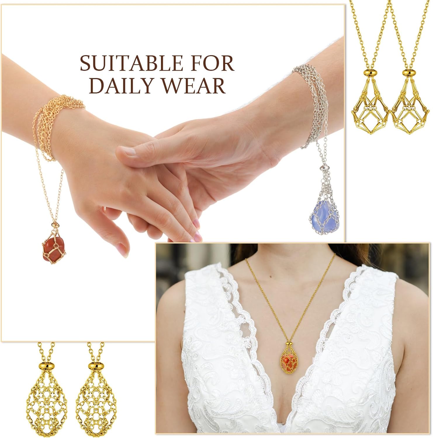 Landical 24 Pcs Crystal Holder Necklace Bulk 3 Sizes Crystal Stone Cage Necklace Adjustable Metal Valentine Gifts for Women - Image 5