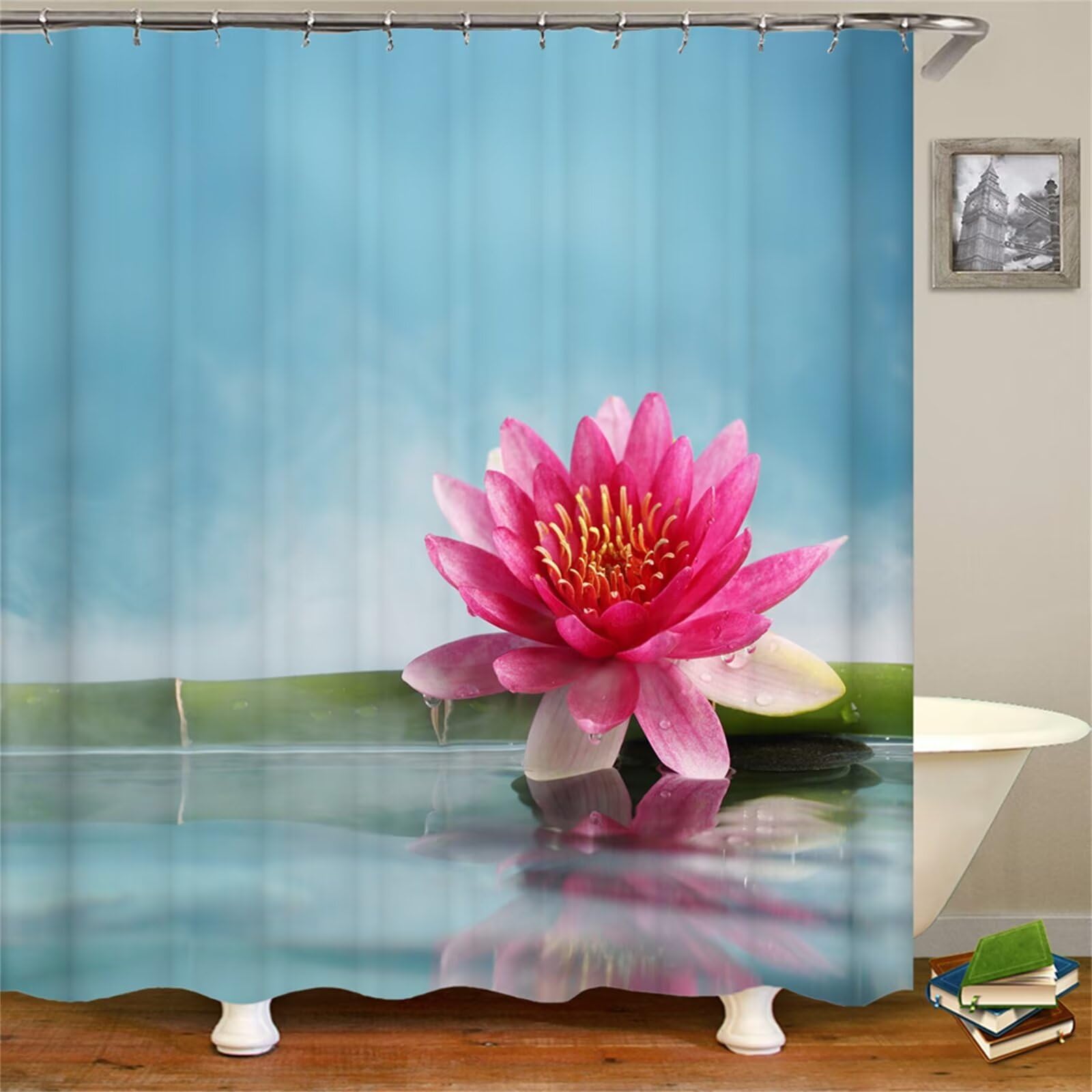 Loto Rosa Cortina de Ducha Antimoho,Cortina de Baño 200x220cm,Textil de Poliéster Cortina de Ducha Impermeable,Lavable,Antibacteriana,con 12 Ganchos,3D Shower Curtian para Baño Decor