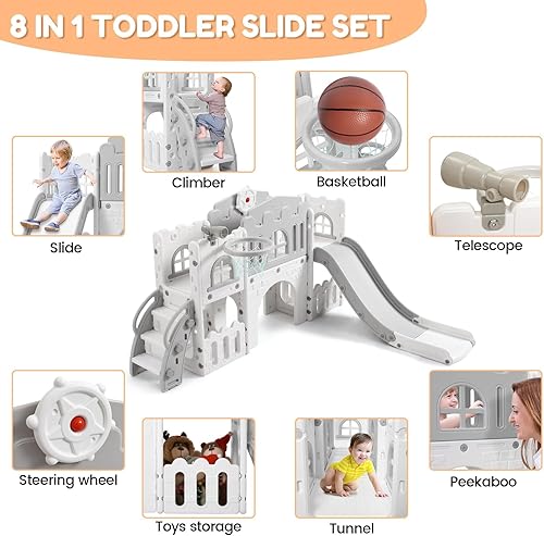 Miniatura 6 de GarveeLife Zona de juegos interior 8 en 1 para niños pequeños con tobogán juego de tobogán para bebés de 1 a 3 años, tobogán para niños incluye aro