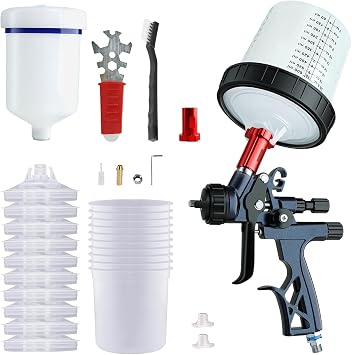 HVLP Spray Gun 1.3mm Nozzle, Automotive Paint Sprayer Kit Includes 600ML Reusable Cup, 10 Disposable Paint Cups & Adapter