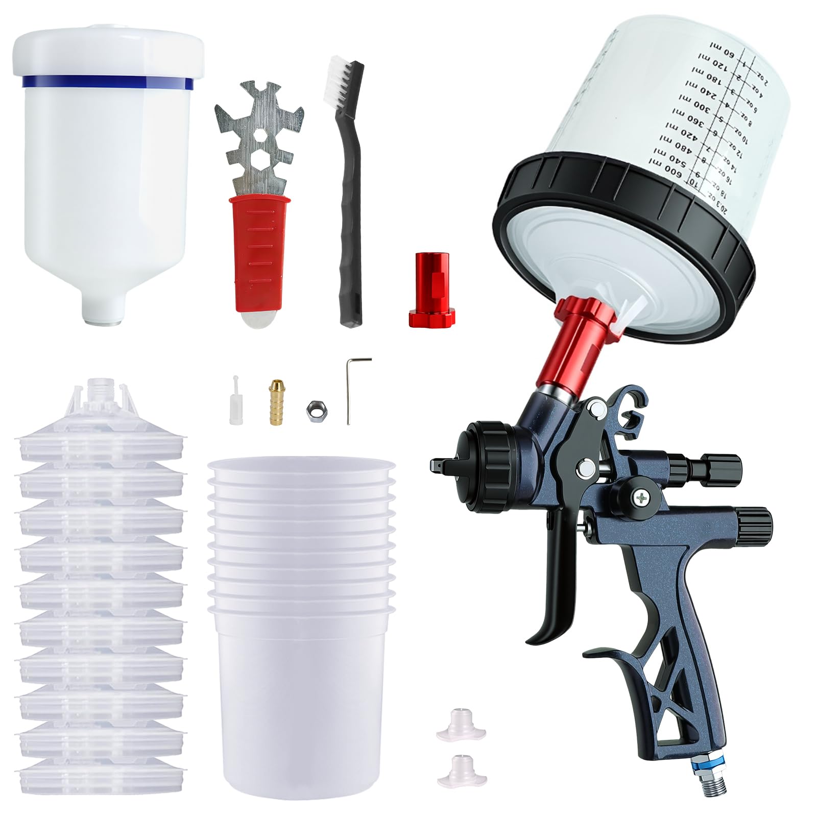 HVLP Luftspritzpistole, Farbpistole mit 1,3 mm Düse, 600 cc Kunststoffbecher, Luftsprühpistole mit Adapter und 600 ml Einweg-Farbmischbecher für Ausbesserung, Grundierung, Decklack
