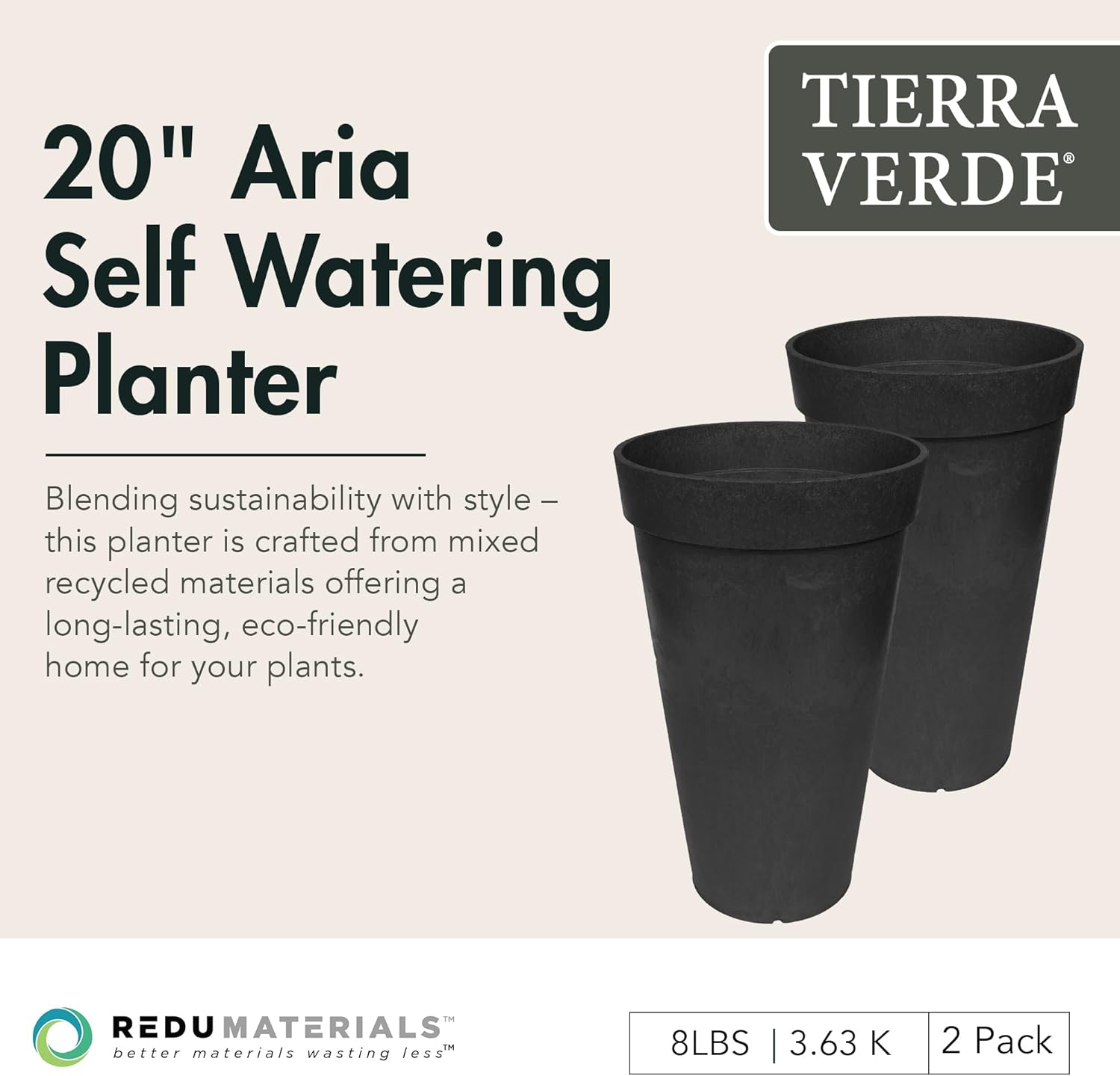 Tierra Verde 2-Pack Indoor & Outdoor Self-Watering Tall Round Planters, Aria, 12.5" x 20", Black - Planter Containers for Plants and Flowers - Gardening and Landscaping Accessories