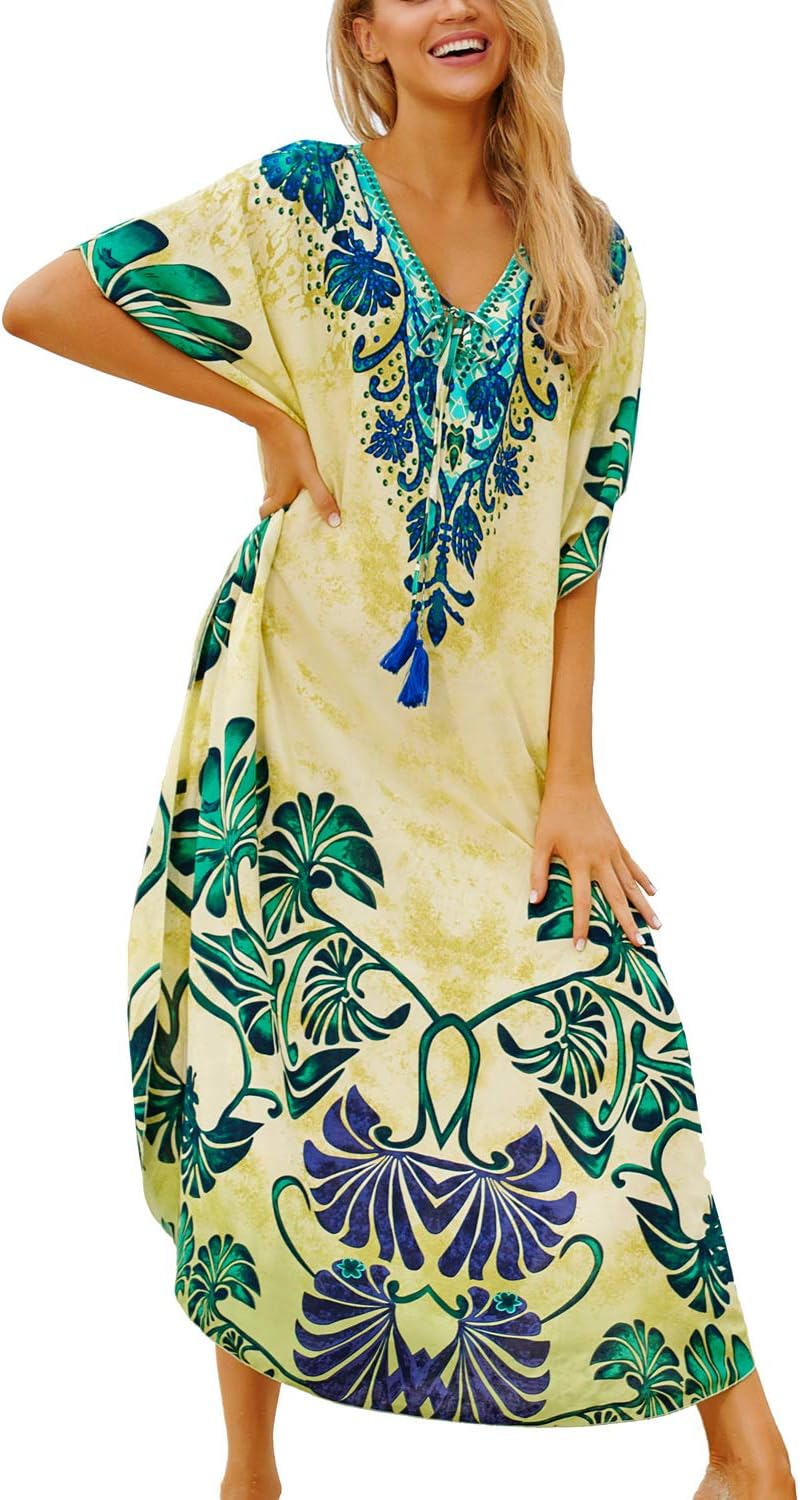 Vakantie Jurk Luchtig Boho Maxi Jurk Strand Cover-up Een Maat YouKD Wemen's Lange Kaftan Maxi Jurk Boho Badpak Strand Cover Up Lichtgewicht Ademende Zomerjurk One Size Kaftan