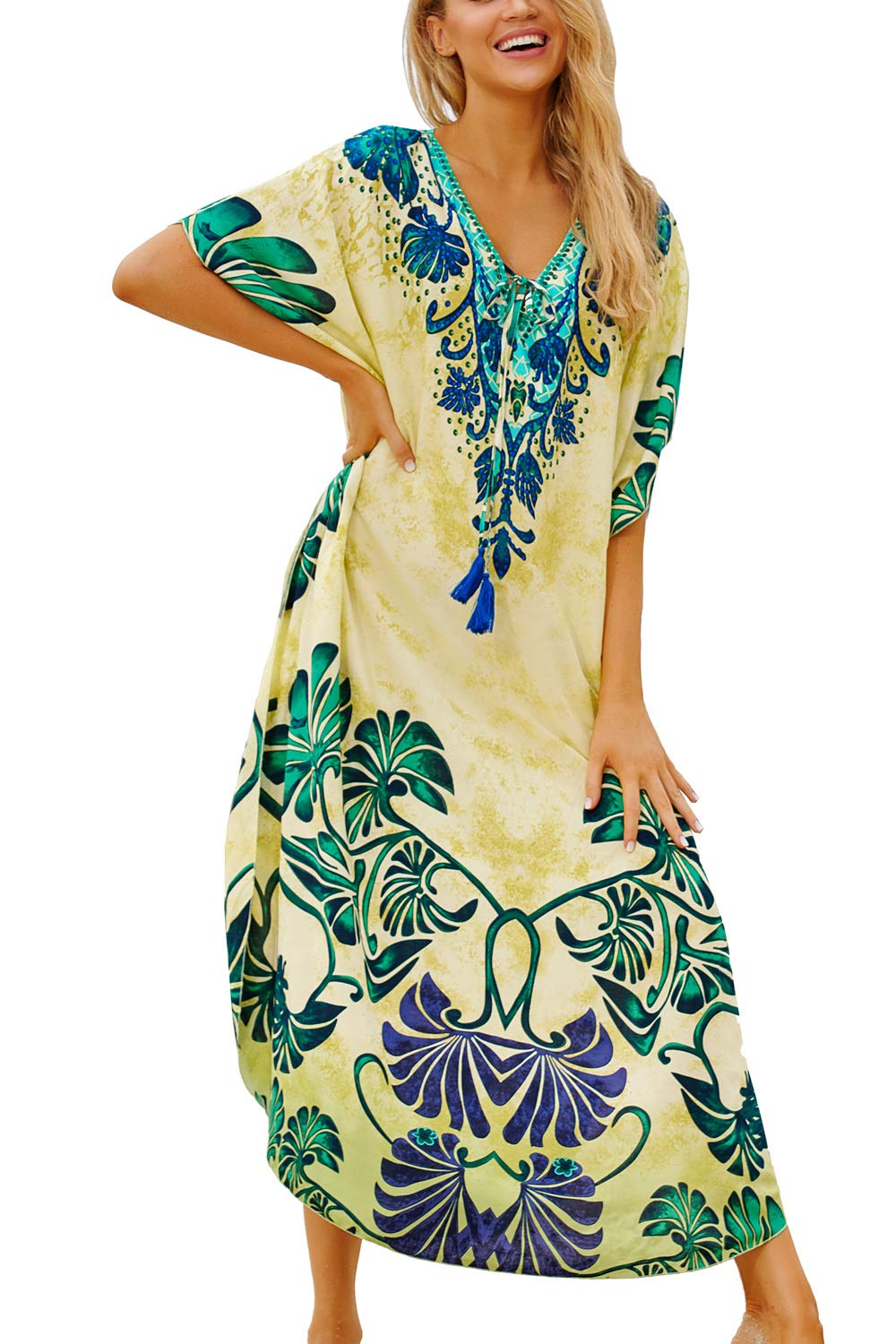 YouKD Women's Summer Bohemian Long Kaftan Ethnic Pattern Maxi Dress Beach Bikini Cover Ups Sunblock Yellow