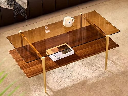 Miniatura 3 de Shrine - Mesa de café rectangular, diseño moderno de mediados de siglo, estructura de 2 niveles, parte superior de vidrio ámbar y estante de MDF de