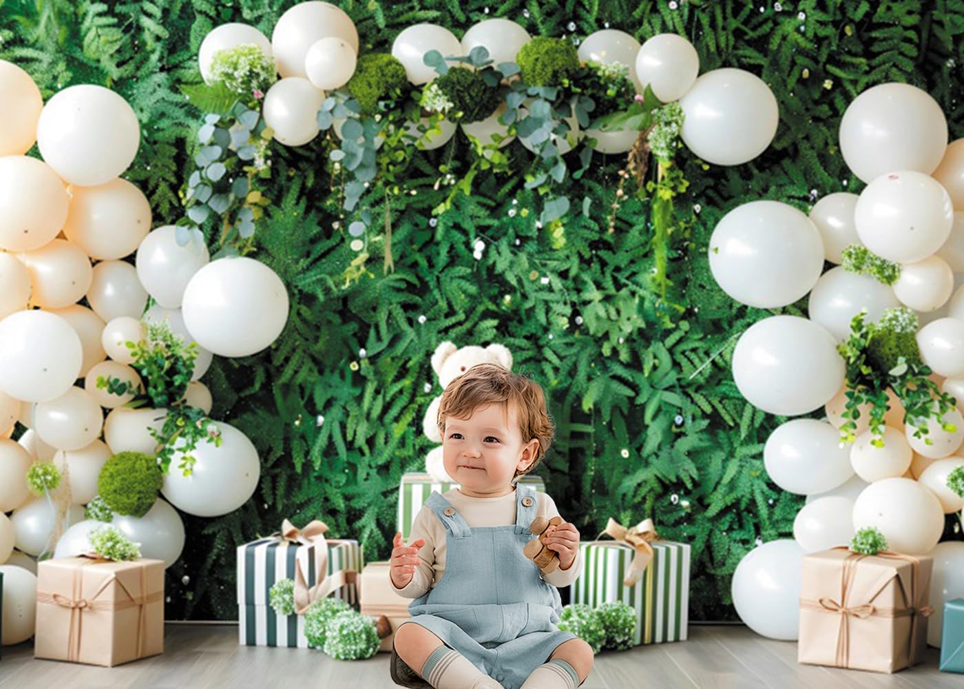 3 x 2,5 m zielone i neutralne tło urodzinowe, Lush Fern Wall Photography Background Cream Balloons Teddy Bear & Striped Gifts Rustic-Chic Party Theme Photo Studio Props