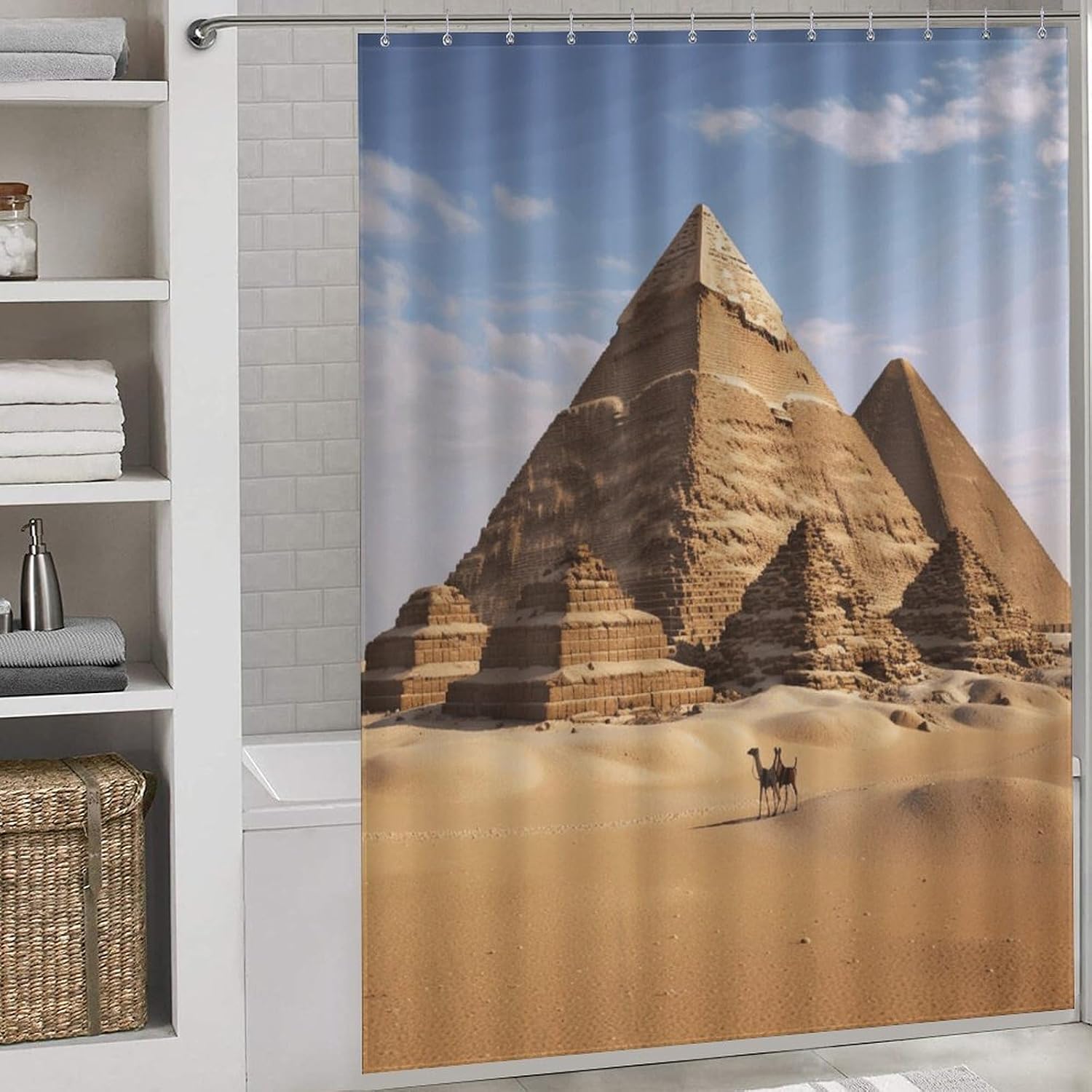 Shower Curtains Liner, Ancient Egypt Pyramid Printed Waterproof Fabric Shower Curtain Liner Bath Curtain with Rust Proof Grommets 72x72 Inches