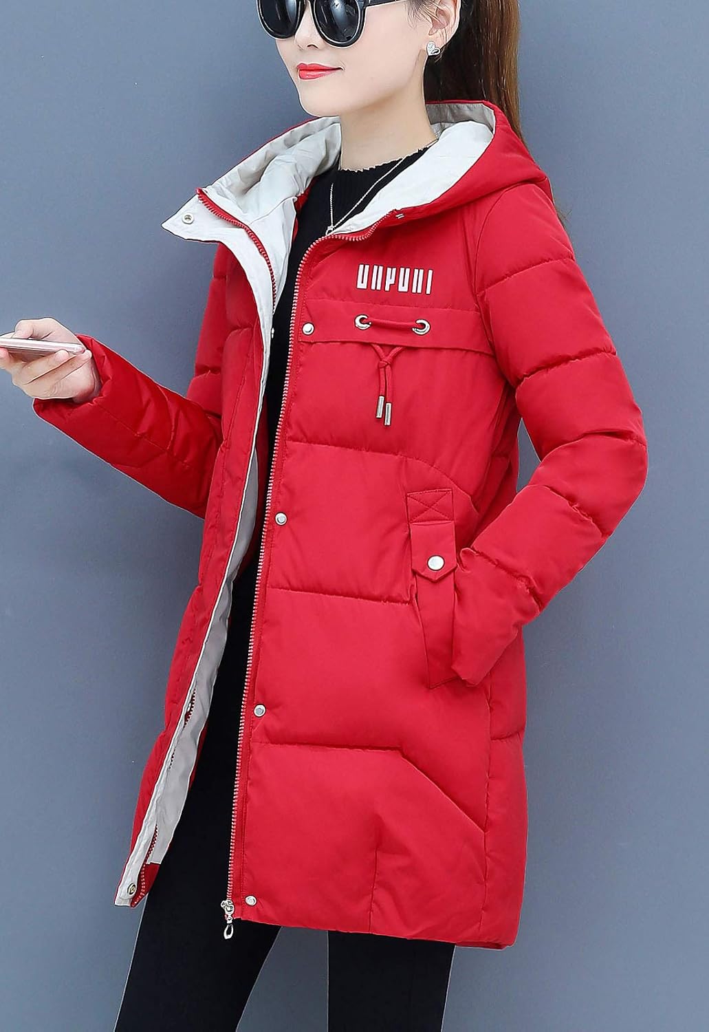 Flygo Women's Puffer Parka Jacket Thickened Hooded Long Quilted Insulated Warm Coat (X-Small, Red)