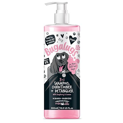BUGALUGS 3-in-1 Dog Shampoo, Conditioner & Detangler – Raspberry & Lemon Scented Grooming for Smelly Dogs, Puppy Coat Care, Pet Accessories (500ml) (BSDTCDE500) - Shampoo 500ml