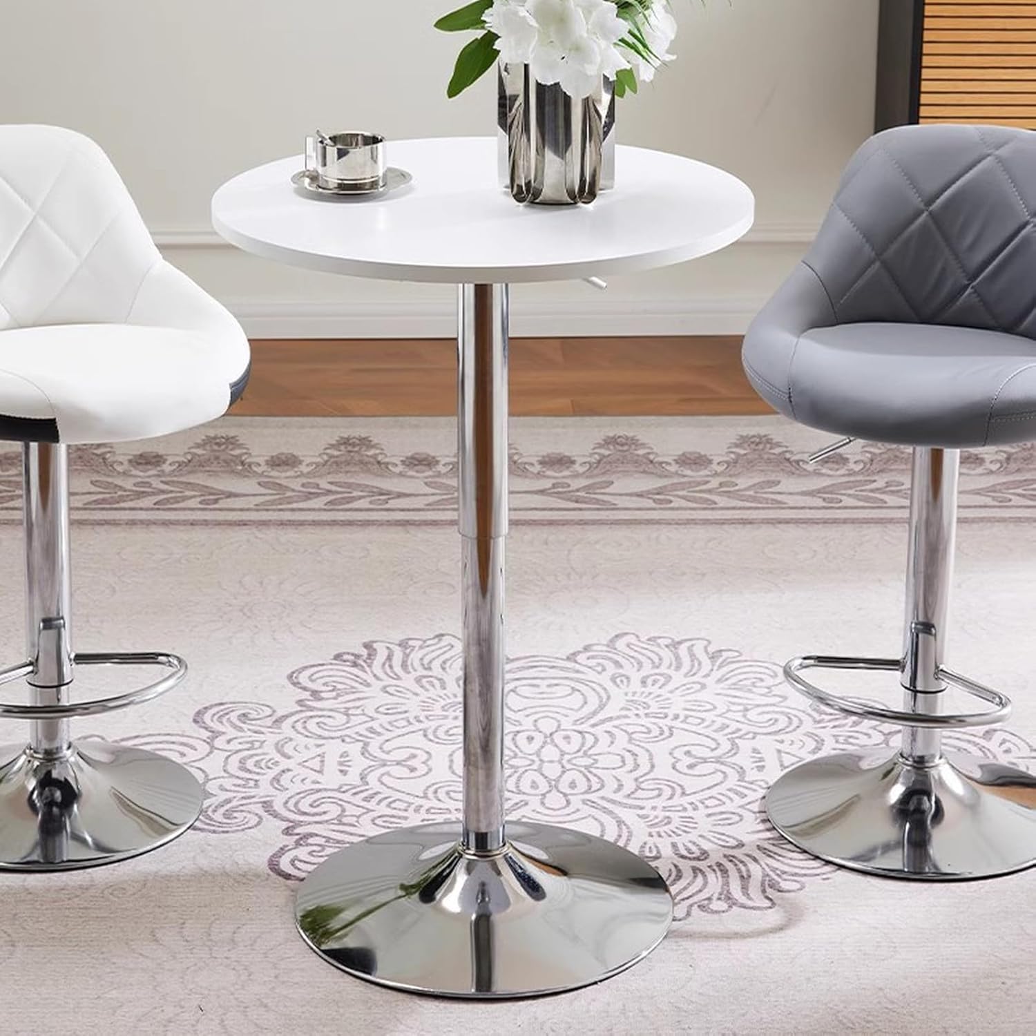 Bar Table Round Cocktail Table 24 Inch, Adjustable Height Wood and Chrome Metal Bar Table for Home and Kitchen Dining, White