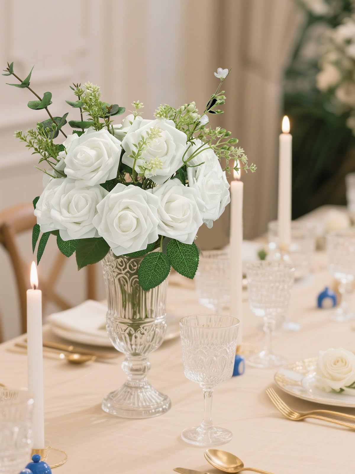 LEUCHTAMOR 25Pcs Artificial Roses Flowers Ivory Foam Roses Real Touch Fake Rose Heads for DIY Flower Garland Baby Shower Wedding Bridal Bouquets Table Floral Arrangement Party Home Decoration - Image 4