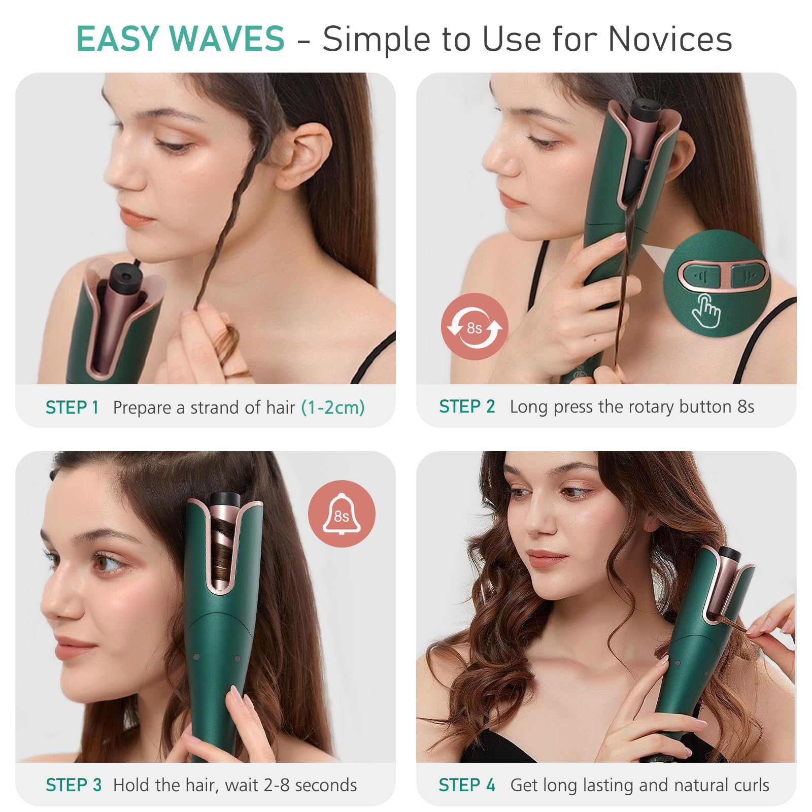 janelove Boucleur Automatique - 25mm Fer a Boucler Cheveux avec 4 Températures Réglable, Fer à Friser Automatique Ceramic Curling Iron pour Long Cheveux - Vert