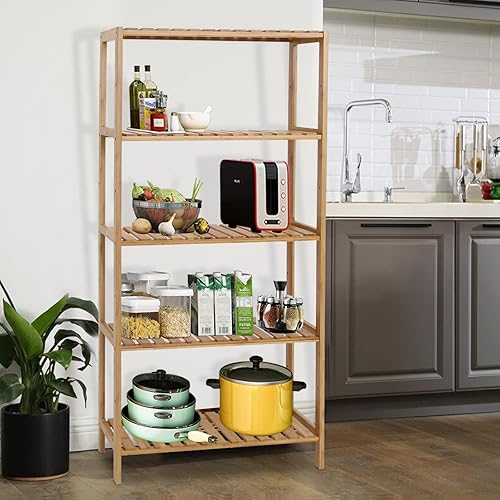 Kinsunny Estante de pie de 5 niveles para cocina, estante de almacenamiento de bambú, soporte multifuncional para baño