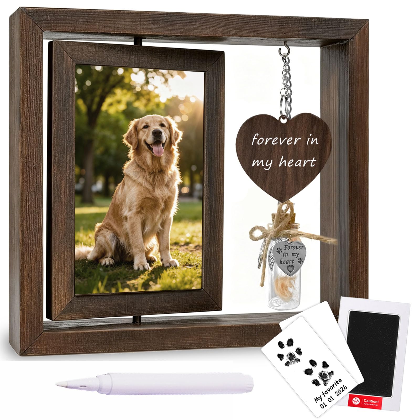 Cadre photo souvenir bois pour chien avec kit empreintes de pattes complet et fiole