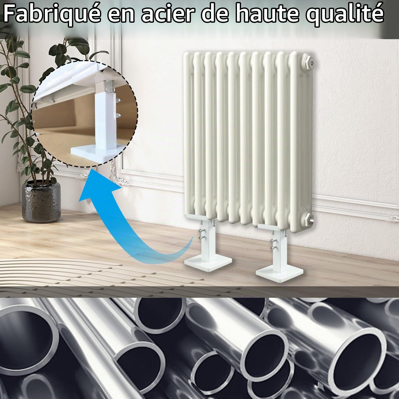 Lot de 2 Support Radiateur, Kit de Pieds de Radiateur à Montage au Sol 14-21 cm Ajustable Support Radiateur en Acier, Tablette de Radiateur Double Stabilité pour Radiateurs à Panneaux