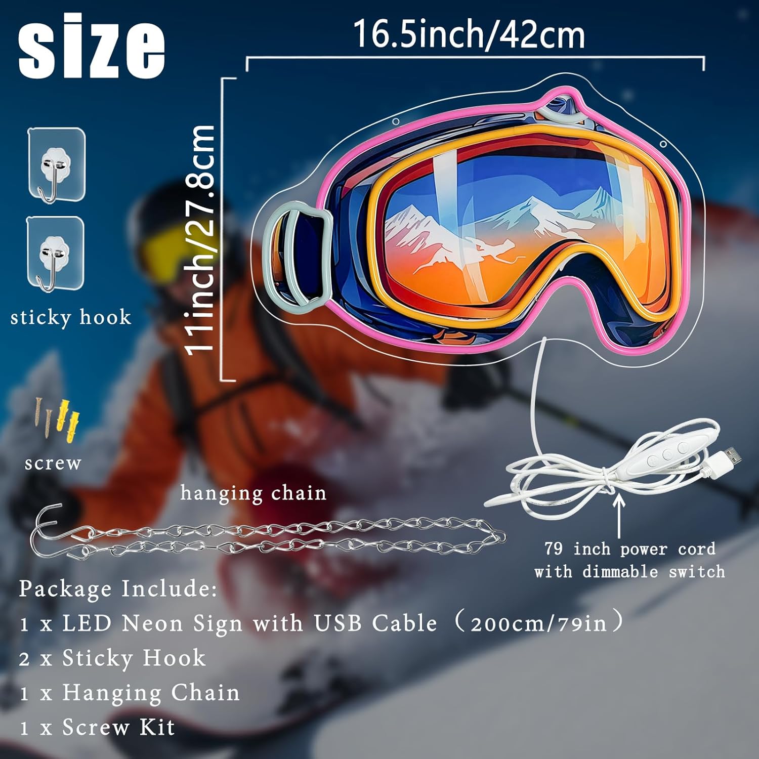 Ski Goggles Neon Sign Winter Ski LED Neon Light for Wall Decor Dimmable UV Printed Snowy Mountain Light Up Sign for Outdoor Adventure Themed Sports Skiing Bedroom Man Cave Bar Birthday Party Decor Skiing Presents for Winter Lovers - Image 3
