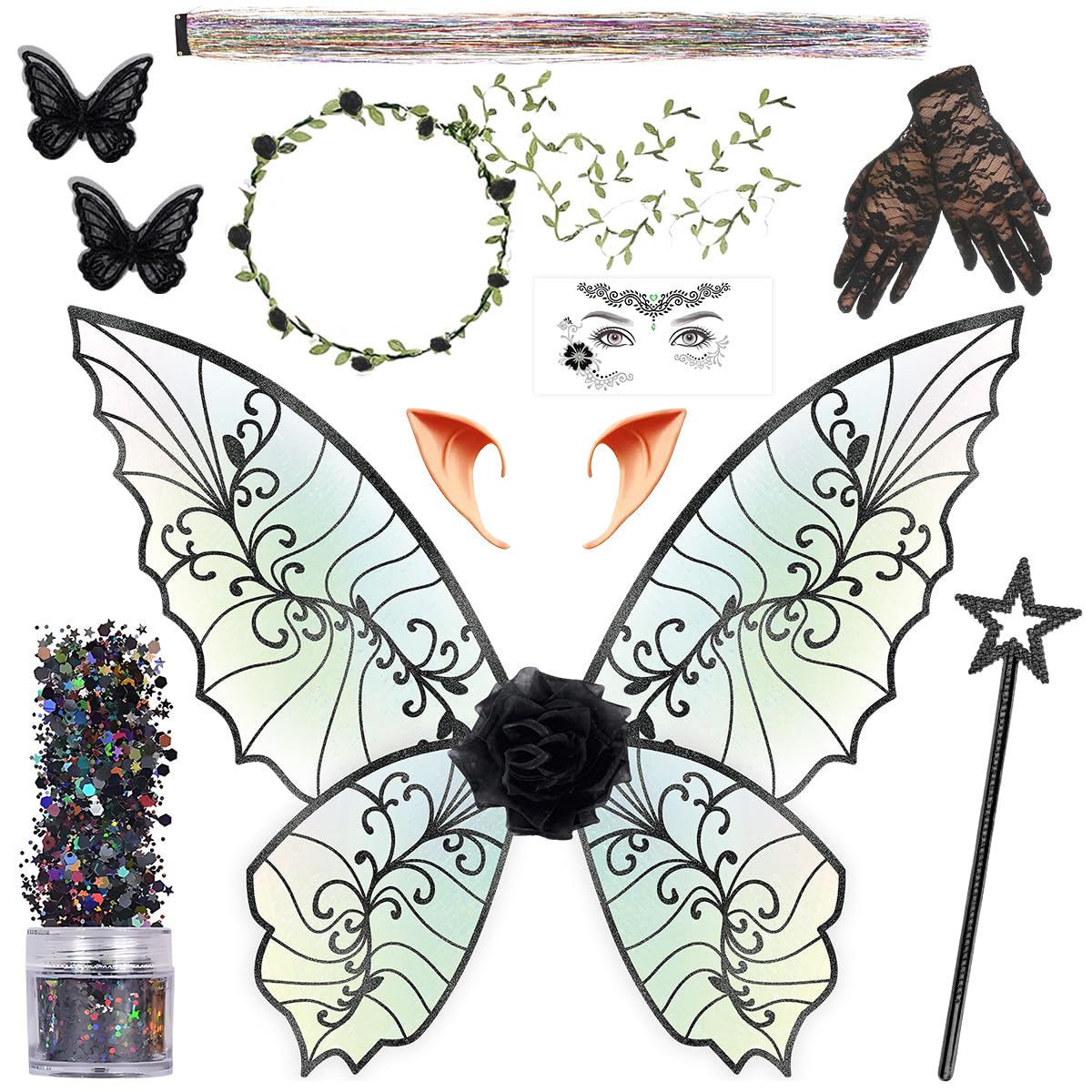 Fairy Wings for Adults Women Floral Garland Star Wands Hair Tinsel Elf Ears Fairy Costume Halloween Cosplay 13PCS Black