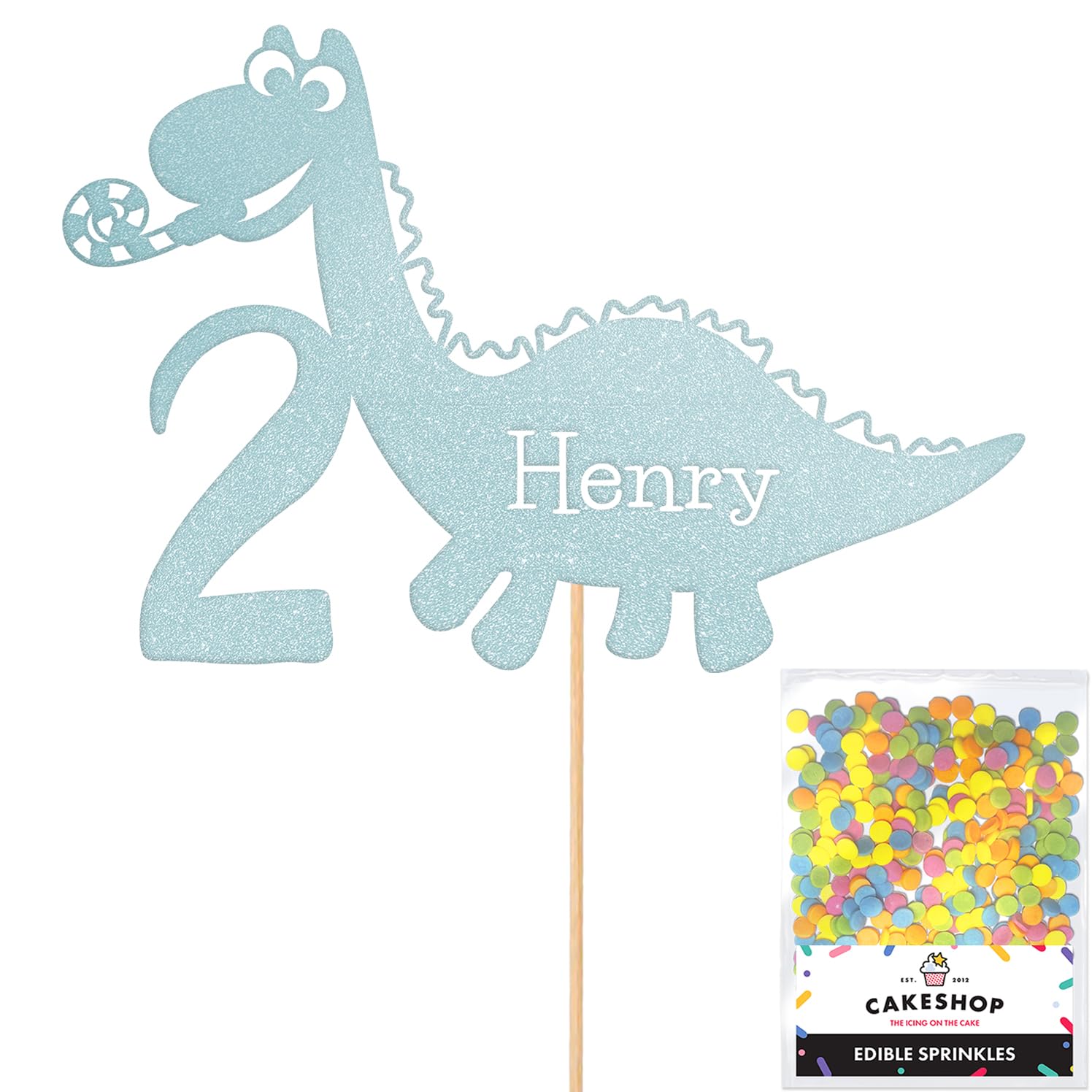 Personalised Birthday Dinosaur Glitter Cake Topper- Light Blue Any Name & Age Glitter Cake Decoration and Sprinkles - Happy Birthday Decorations - Personalised Toppers for Cakes by Cakeshop — image 1