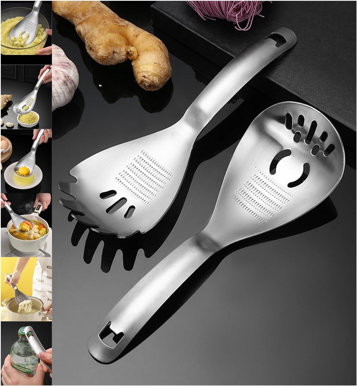 Potato Ricer Stainless Steel Ricer for Mashed Potatoes Potato Masher Easy-To-Clean Multifunctional Kitchen Cooking Spoon with Grater Egg Yolk Separator Slotted Spoon Bottle Opener 2 of Each