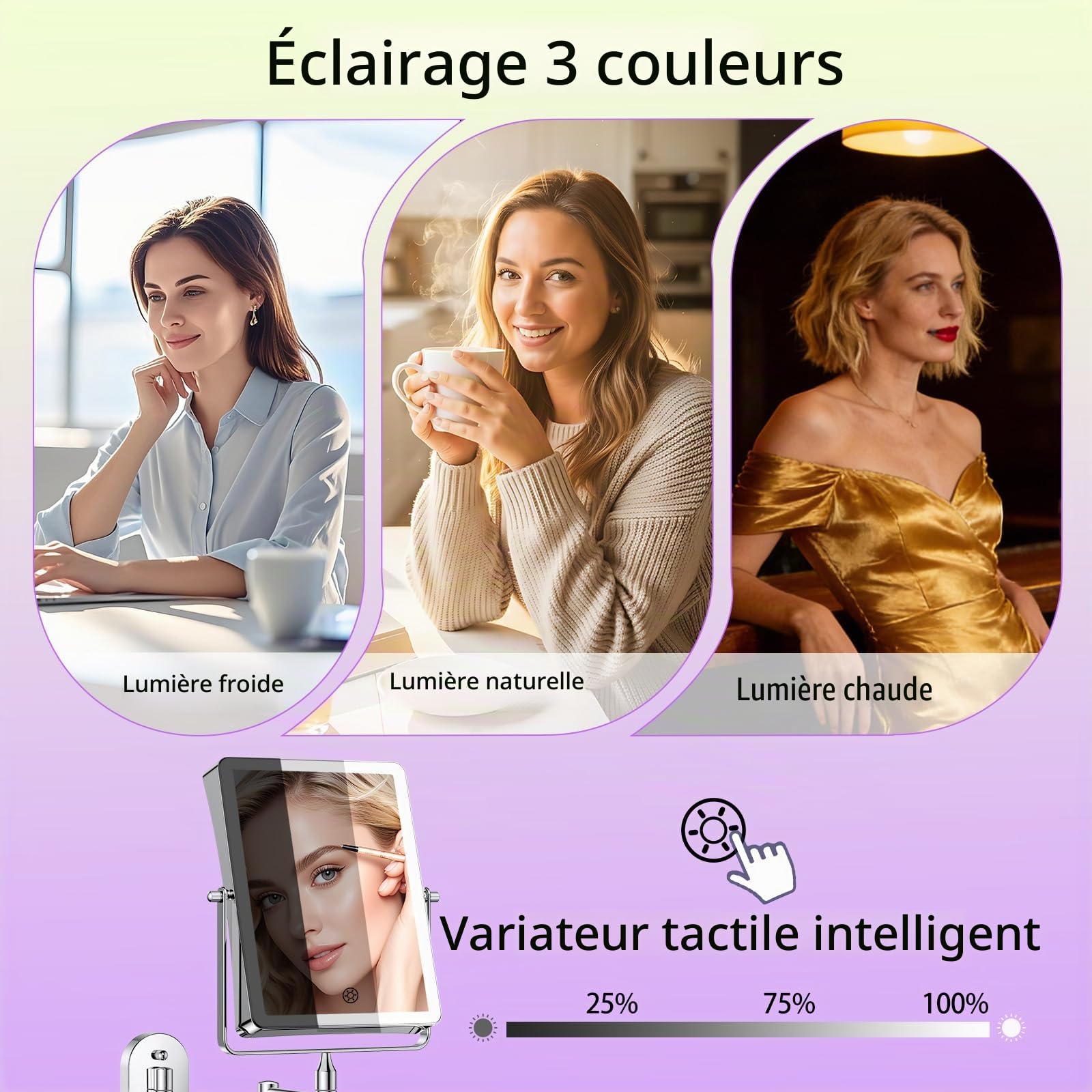 Famihomii 5000mAh Miroir Maquillage Lumineux Rechargeable, 8,7" Double Usage 1X/30X Grossissement, Miroir Grossissant Mural, 3 Températures de Lumière, Réglable en Luminosité, Pivotant 360° (Chrome)