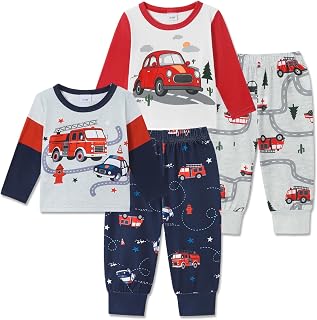 NZRVAWS Baby Boy 4PC Toddler Infant Clothes Outfit Fall Winter 0-4T | Two long sleeve crewneck tops pair with two pull-on pants, elastic waists and cuffed hems for daily wear, travel, and play.