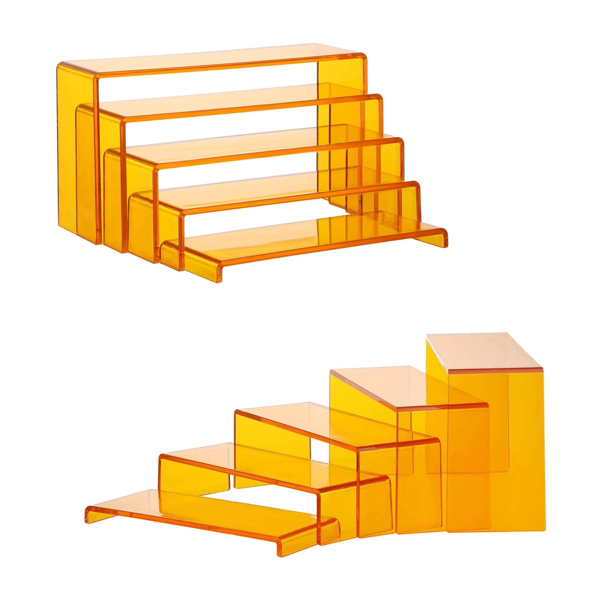 Goabroa Acrylic Display Risers, 2 Sets 5 Tier Rectangular Risers Display Stands, Acrylic Display Shelves for Figures, Cupcake, Perfume Display, Transparent Orange