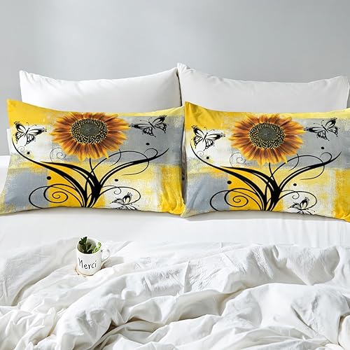 Miniatura 5 de Erosebridal Juego de sábanas bajeras de girasol con diseño de girasol, diseño de mariposas y flores, tamaño King, amarillo, gris, blanco, degradado,