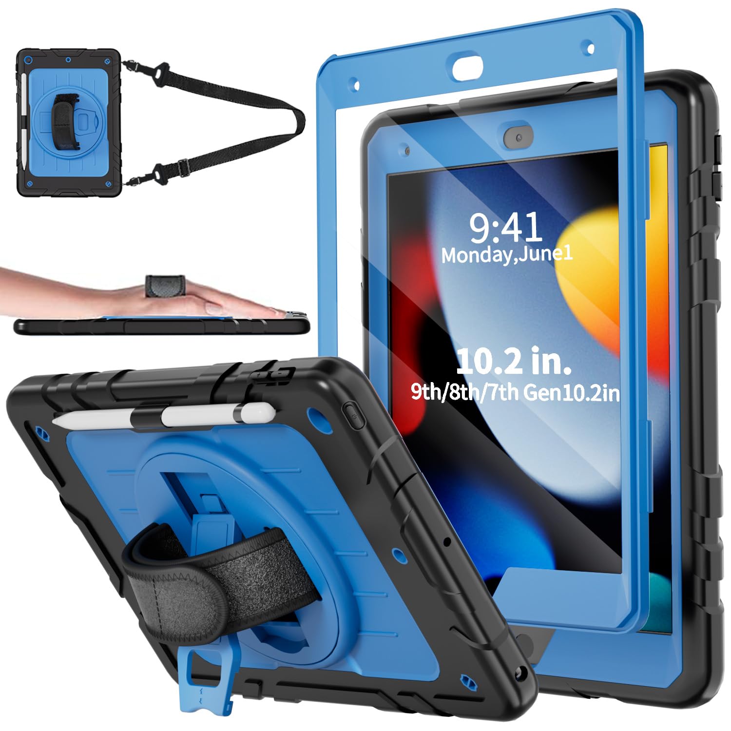 IPad Case 9th/8th/7th Generation, 10.2 Inch IPad Case With Hand Strap, Dropproof Kids Case With Kickstand, Shoulder Strap, Pencil Holder, Pencil Cap Holder For 2021/2020/2019 10.2" IPad(Blue