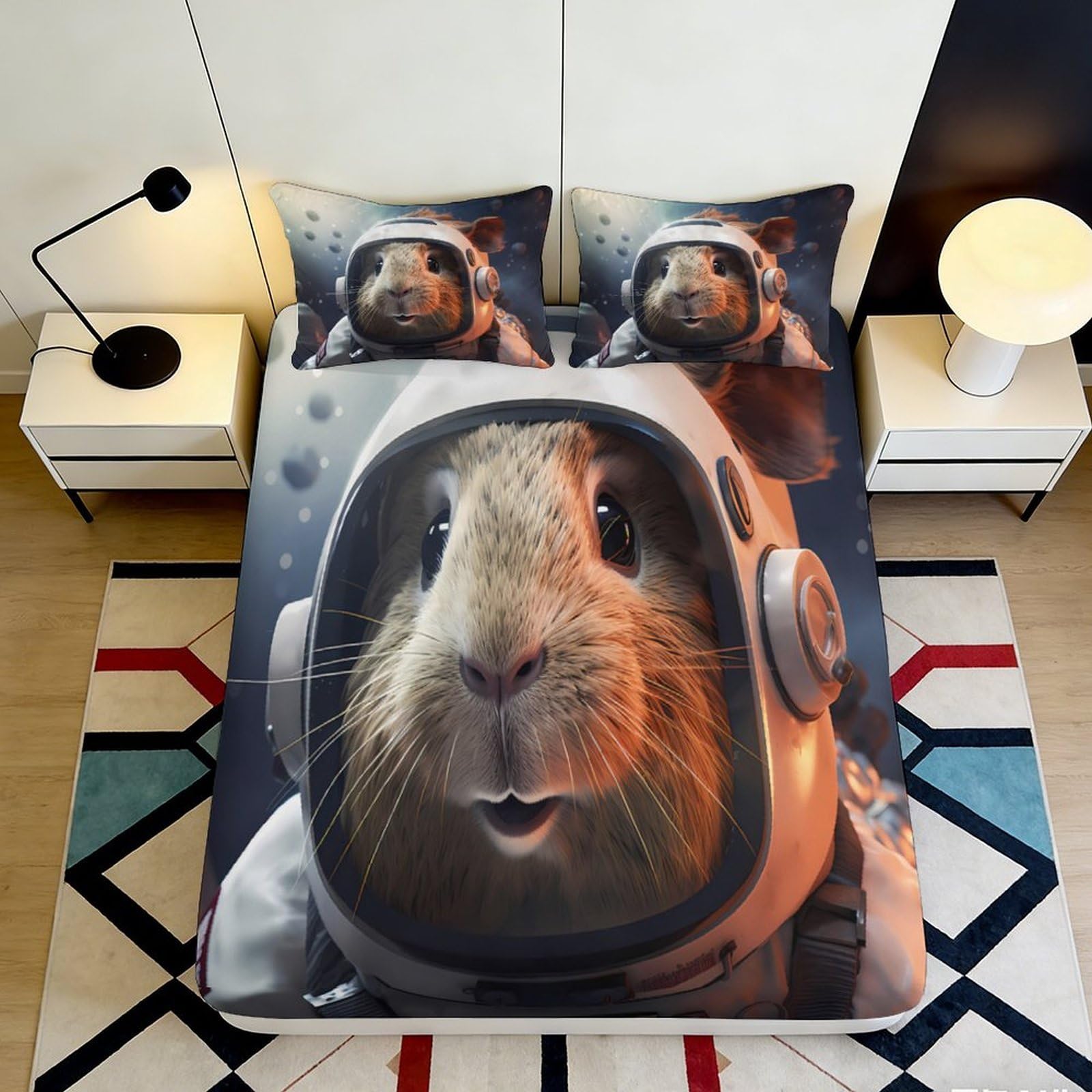 3D Printed Space Guinea Pig Fitted Sheet Microfiber Deep Pocket Non-Slip Space Guinea Pig Mattress Fitted Cover Bedding 90x200x25cm