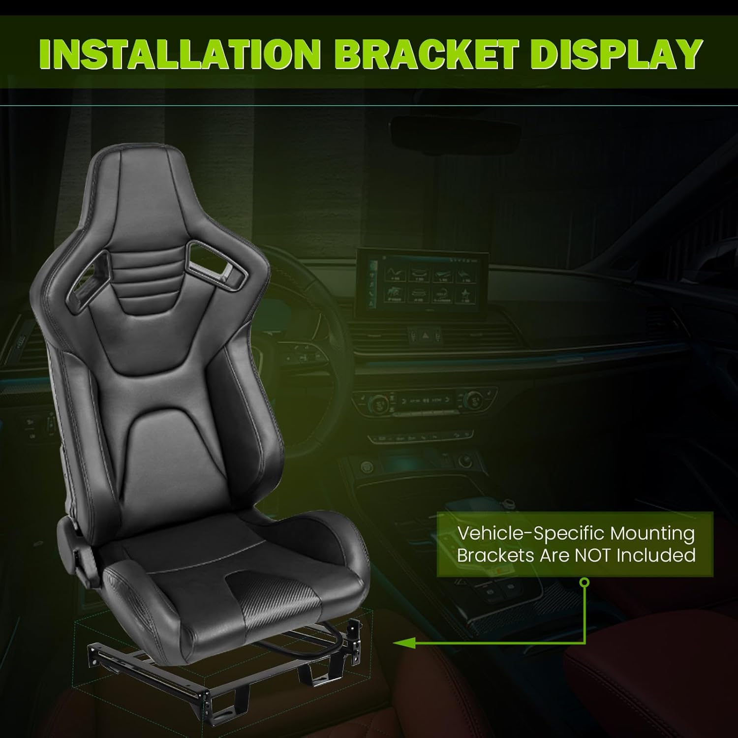 Universal Pairs of Racing Seat with Dual Sliders, PU Leather Front+Carbon Leather Back Reclinable Bucket Seat, Black+Black Stitch