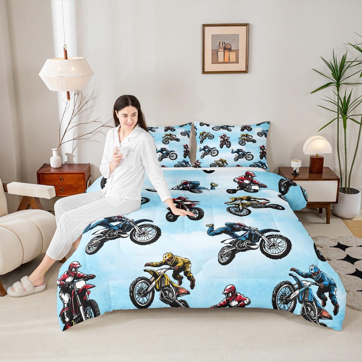 Erosebridal Dirt Bike Bedding Set Twin Size, Extreme Sport Comforter Set for Kids Boys Teens, Motorbike Sport Quilted Comforter Motocross Rider