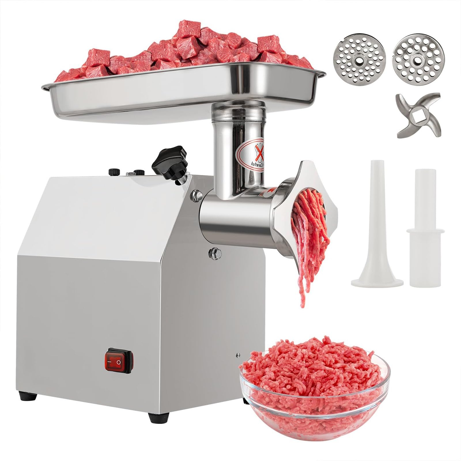 Molinillo de carne eléctrico comercial – Picadora de alimentos de acero inoxidable de 220 kg/h con relleno de salchichas y dos placas de molienda, motor de cobre resistente para uso en cocina y