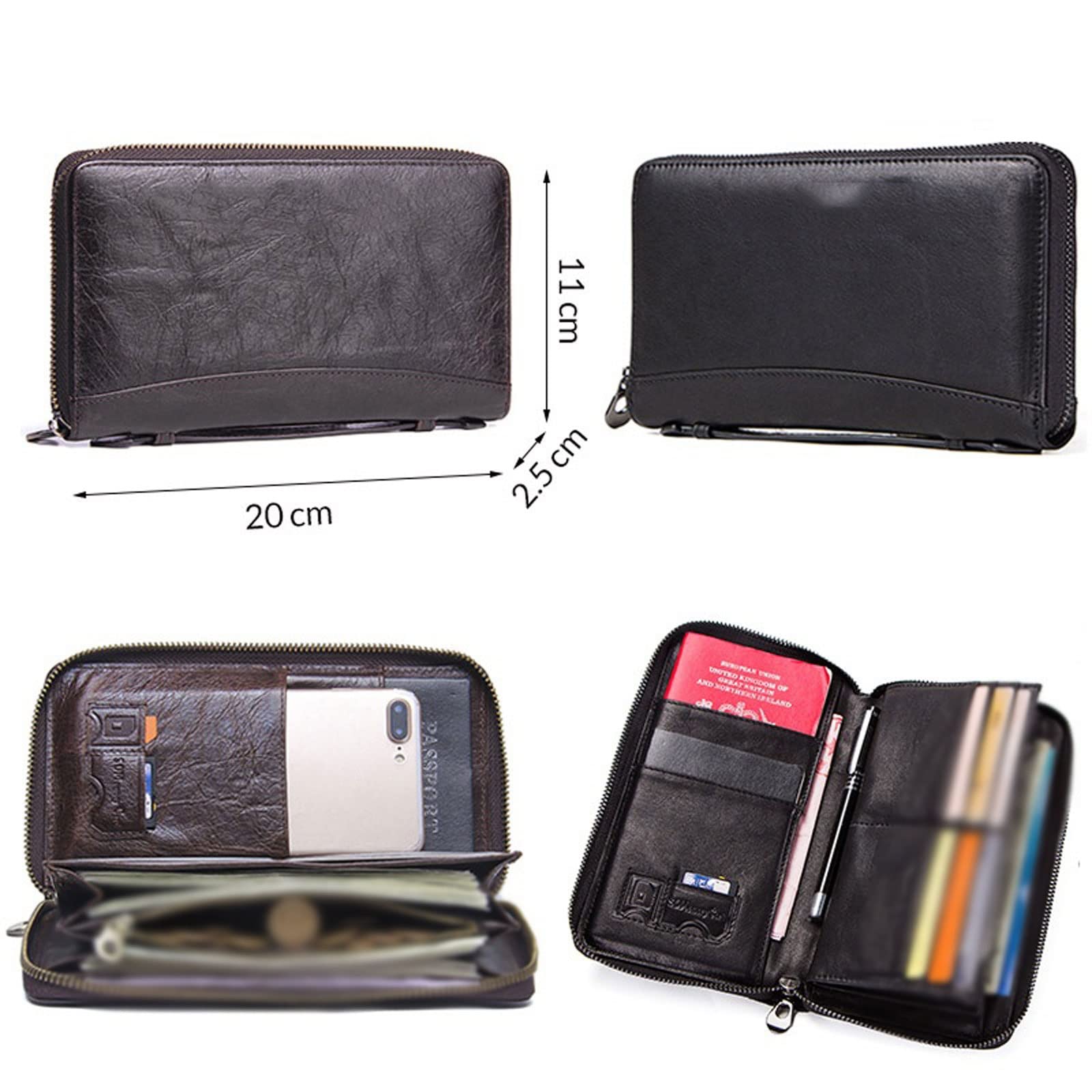Męskie portfele ze skóry bydlęcej, etui na co dzień, etui na karty, portmonetka na zamek błyskawiczny, etui na paszport, etui na telefon, długi portfel męski (czarny)