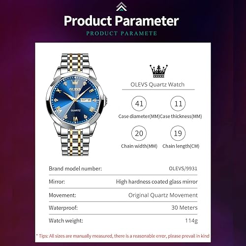 Miniatura 4 de OLEVS Reloj de pulsera para hombre, de acero inoxidable, con diamantes analógicos, de cuarzo, resistente al agua, para fecha, para hombre