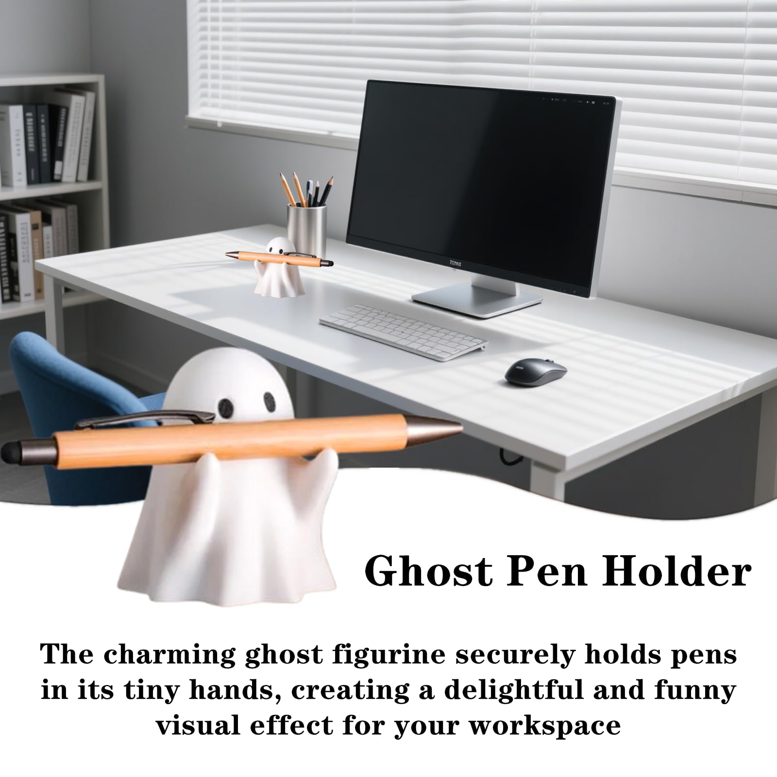 Majhoxka 1 Pcs Funny Ghost Pen Holder Cute Pen Holder Resin Ghost Figurine Pencil Stand for Home Office Desktop Decoration, White