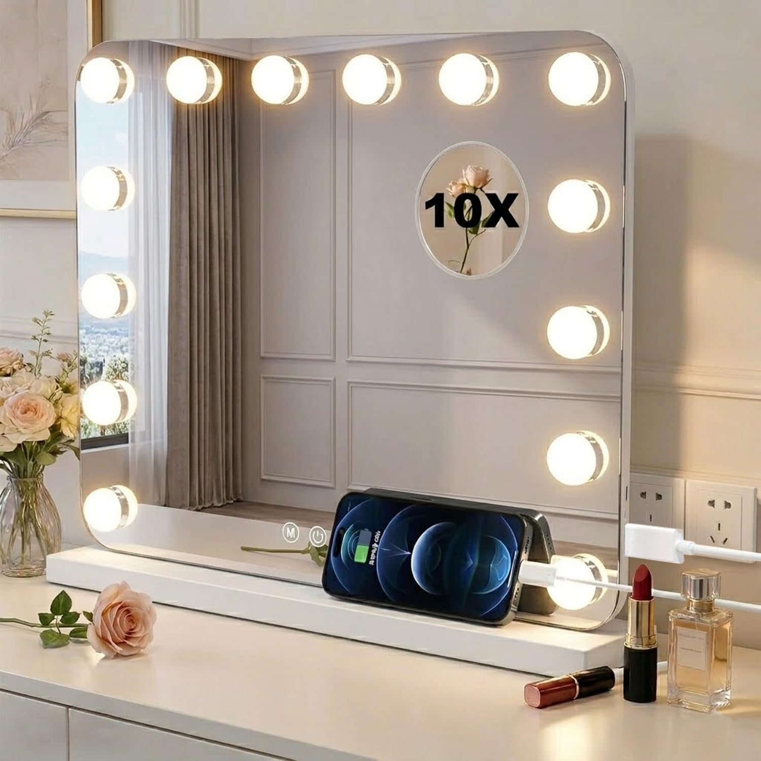ATEK Vanity Mirror, 58x45cm Hollywood Mirror with Lights, 15 LED Bulbs | 10x Round Magnifying Mirror, 3 Lighting Modes, Type-C & USB Ports, Makeup Mirror for Dressing Table & Beauty Room