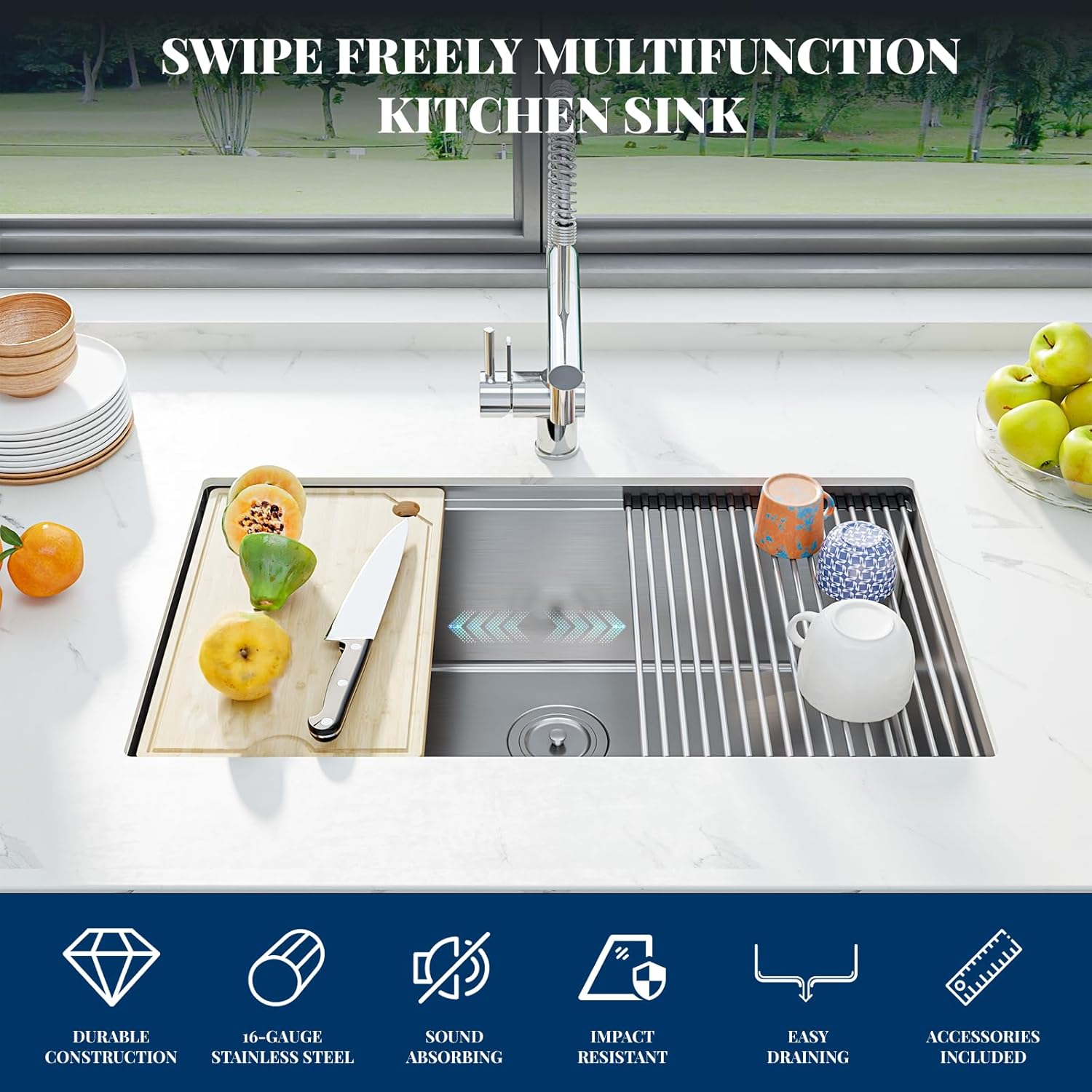Kitchen Sink, 30 Inch Brushed Nickel Undermount Kitchen Bar Sink with Single-tier Track, Stainless Steel 16 Guage Single Bowl Kitchen Sinks, Family and Bar Sink with Full Accessories